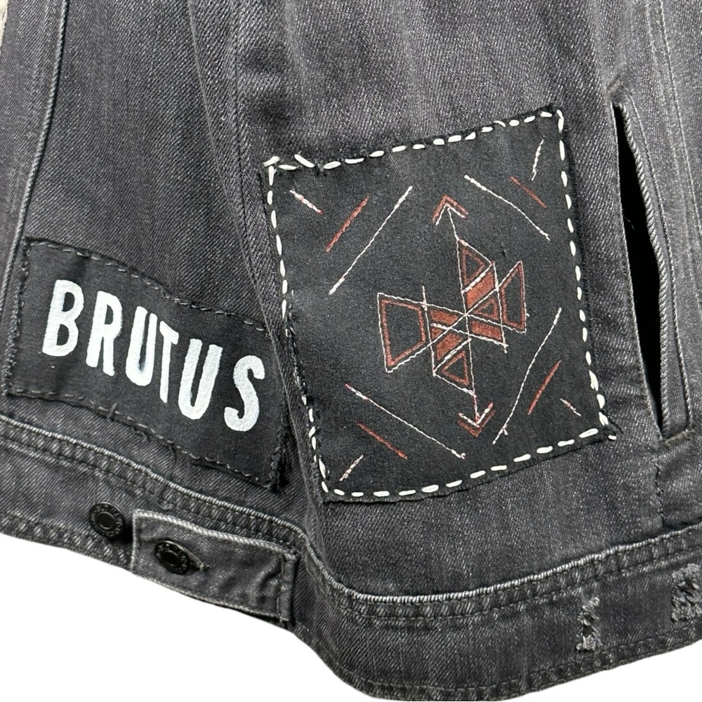 SOLD Punk rock custom denim patch pin black wash jacket self love rebel studs XL - Picture 9 of 13